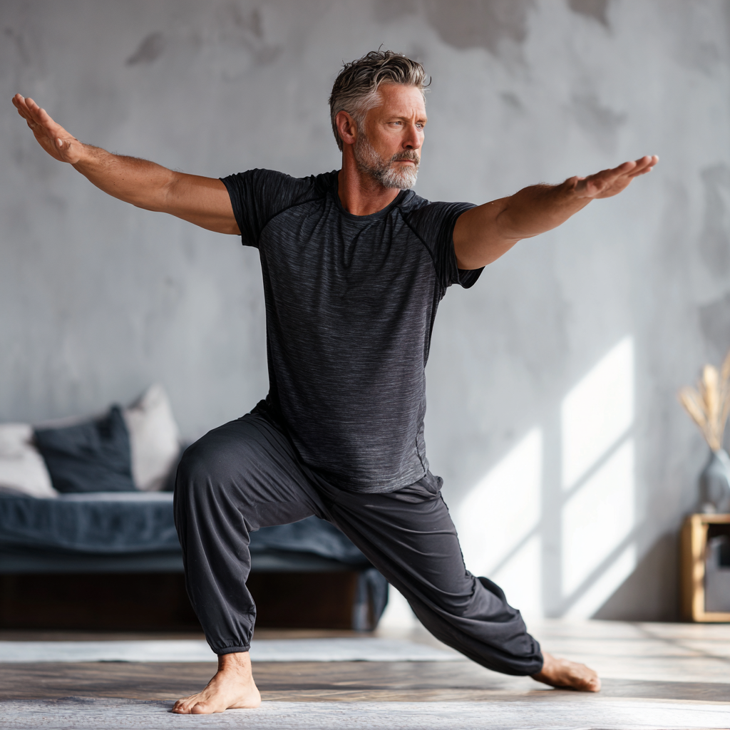 mature man practicing controlled movement exercises indoors